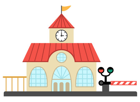 Vector railway station icon. Railroad train waiting building with clock tower, semaphore and barrier. city or country side transportation clipart. Cute comfortable destination point for town mapのイラスト素材