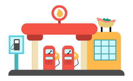 Vector gas station icon. Gasoline or fuel stop with cafe, tanks, and sign. Petrol filling service clipart. city transportation place. Funny public transport destination point for town mapのイラスト素材
