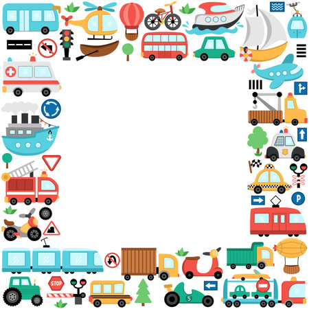 Vector transportation square frame with bus, car, boat, truck. Card template design with different kinds of transport for banners, invitations. Cute road way illustration with bike, plane, signs, trainのイラスト素材
