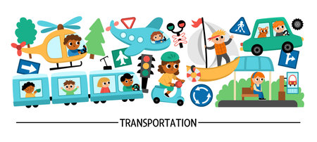 Vector transportation horizontal set with different kinds of transport and cute kids drivers. Road trip card template, frame design for banners. Cute illustration with bus, car, plane, trainのイラスト素材