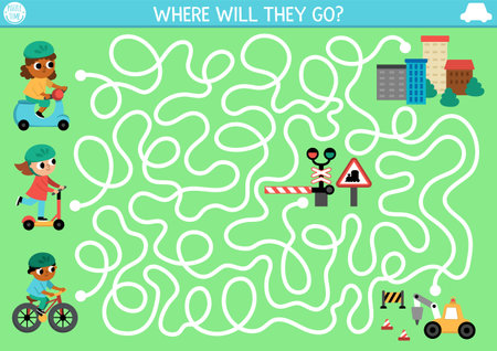 Transportation maze for kids with kids driving bike, scooter. Urban ecological transport preschool printable activity. Labyrinth game or puzzle with city, barrier, road works. Where will they goのイラスト素材