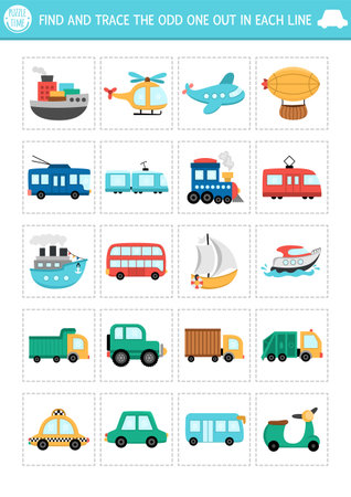 Find the odd one out. Transportation logical activity for kids. Water, air, land, public transport educational quiz worksheet for attention skills. Printable game with car, bus, train, truckのイラスト素材