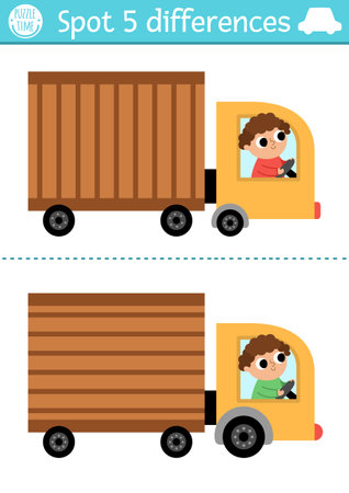 Find differences game for children. Transportation educational activity with cute truck with driver. Cute puzzle for kids with funny transport. Printable worksheet or page for logic and attention skillsのイラスト素材