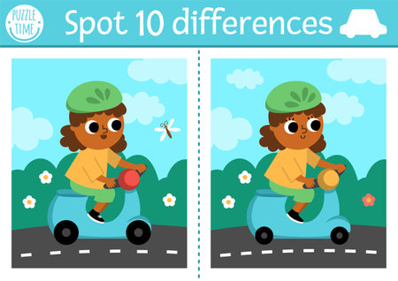 Find differences game for children. Transportation educational activity with cute girl riding scooter. Cute puzzle for kids with funny transport. Printable worksheet or page for logic and attention skillsのイラスト素材