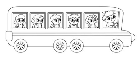 Vector black and white long school bus with driver and passengers. Back to school educational clipart. Flat public transport car. Transportation line icon or coloring page with cute kidsのイラスト素材