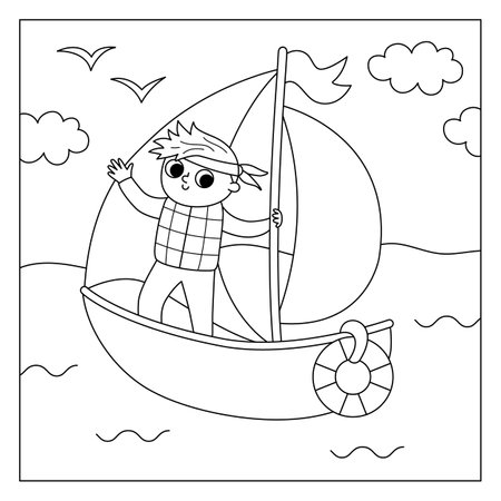 Vector black and white square scene with boy sailing yacht. Transportation line illustration or coloring page. Cute kid driving transport. water vehicle landscape. Cartoon child on a boatのイラスト素材