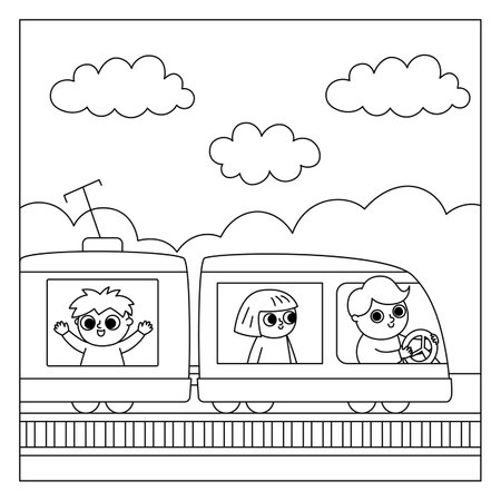 Vector black and white square scene with man driving train and passengers. City or country transportation line illustration or coloring page. Cute kid driving transportのイラスト素材