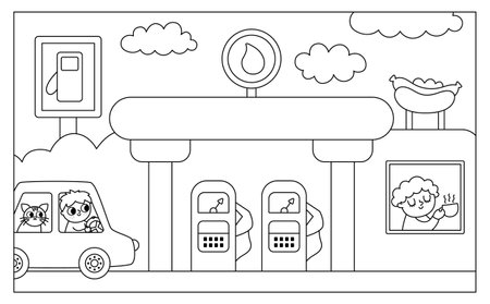 Vector black and white horizontal scene with boy driving a car with cat arriving to gas station with cafe. Transportation line illustration or coloring page. Cute kid steering transport. road landscapeのイラスト素材