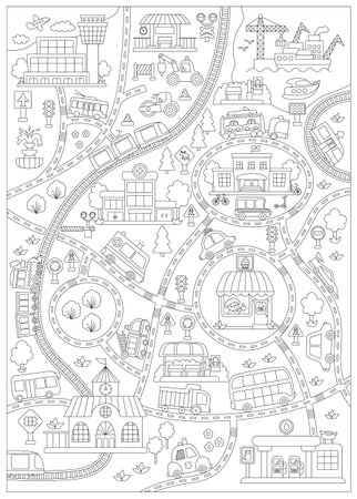 City black and white transport map. Line background with railway, roads, traffic signs for kids. Vector infographic elements with train, cars, tram, truck. Urban coloring page with airport, seaportのイラスト素材