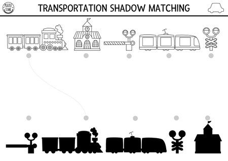 Transportation black and white shadow matching activity. Railway transport line puzzle with cute trains, station. Find correct silhouette printable worksheet, game. Funny coloring page for kidsのイラスト素材