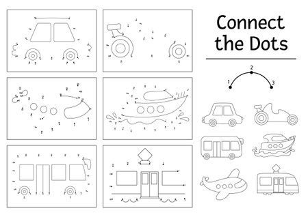 Vector dot-to-dot and color activity set with cute car, boat, plane, bus, tram. Transportation connect the dots games collection for children. Transport coloring page for kids. Printable worksheetのイラスト素材