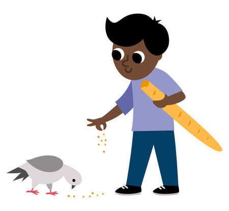 Dark skinned boy feeding pigeon. Cute character icon isolated on white background. Funny kid with baguette vector illustrationのイラスト素材