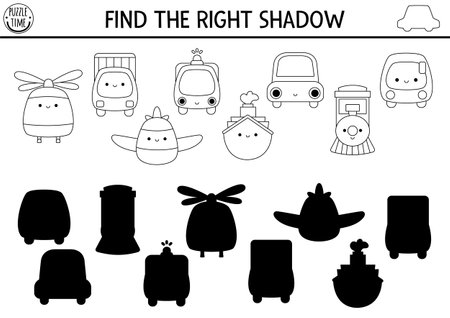 Transportation black and white shadow matching activity. Transport line puzzle with cute kawaii front view car, truck, boat, plane, train. Find correct silhouette worksheet, game, coloring pageのイラスト素材