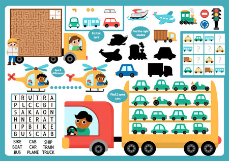 Vector transportation placemat for children. Transport printable activity mat with maze, word search puzzle, shadow match, find difference. Play mat, menu, kids magazine spreadsheet with carsのイラスト素材