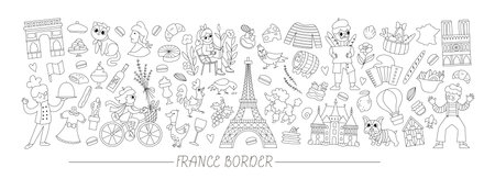 Vector black and white French horizontal frame with people, animals, Eiffel tower, traditional symbols. Touristic France card template design. Cute line illustration or coloring pageのイラスト素材