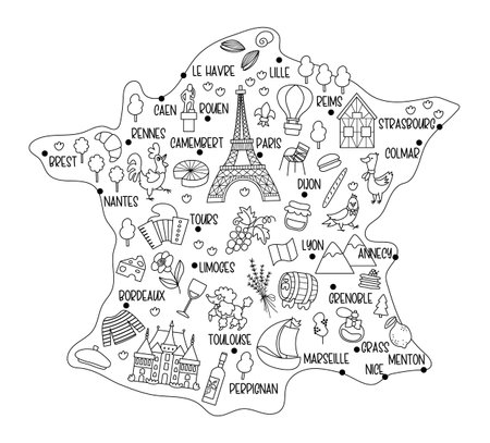 Vector France map. Cartoon postcard with French places of interest, cities, symbols. Touristic attraction black and white background or coloring page with Paris, Eiffel Tower, castle, animalsのイラスト素材