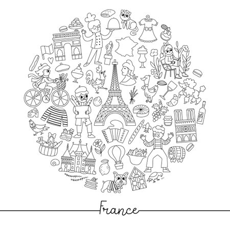 Vector black and white French round frame with people, animal, Eiffel tower, traditional symbol. Touristic France card template for banners, invitations. Cute line illustration or coloring pageのイラスト素材