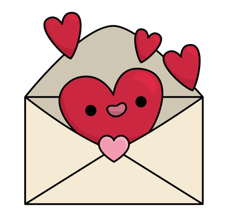 Vector cartoon kawaii envelope with hearts. Letter isolated clipart. Cute message illustration. Funny Saint Valentine day icon for kids with love mail conceptのイラスト素材