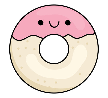 Vector cartoon kawaii donut icon with icing. Dessert clipart. Cute donut illustration. Funny icon for kids with sweet food conceptのイラスト素材