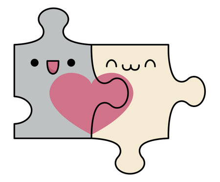 Vector cartoon kawaii jigsaw puzzle pieces. Quiz details isolated clipart. Cute Saint Valentine's day illustration. Funny icon for kids with love or perfect match or pair conceptのイラスト素材
