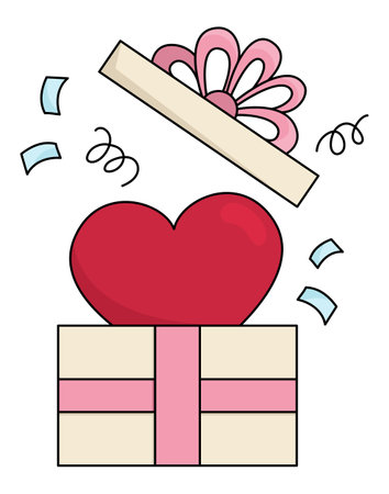 Vector cartoon heart getting out of the present box. Line gift isolated clipart. Cute illustration. Funny Saint Valentine day icon for kids with love or surprise conceptのイラスト素材