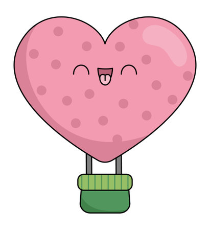 Vector cartoon kawaii heart shaped hot air balloon. Air transport isolated clipart. Cute illustration. Funny Saint Valentine day icon for kids with love conceptのイラスト素材