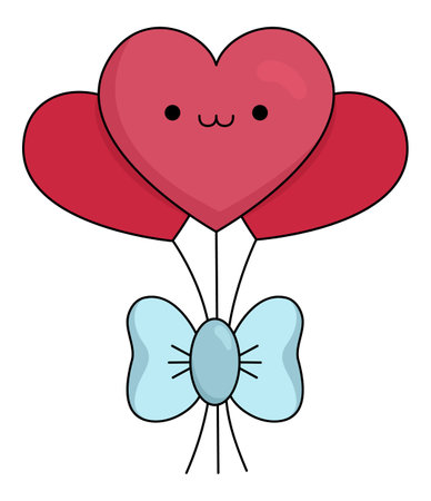 Vector cartoon kawaii heart shaped balloons. Bunch with bow isolated clipart. Cute illustration. Funny Saint Valentine day icon for kids with love conceptのイラスト素材