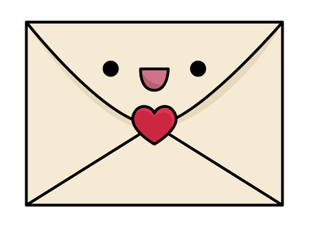 Vector cartoon kawaii envelope sealed with heart. Letter isolated clipart. Cute message colored illustration. Funny Saint Valentine day icon for kids, love mail conceptのイラスト素材