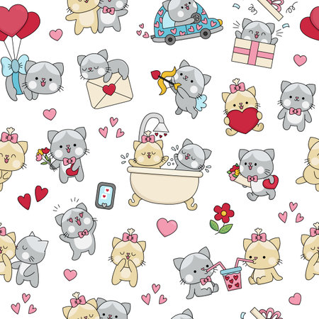 Vector kawaii Saint Valentine seamless pattern for kids. Cute cartoon repeat background. Traditional love holiday symbols digital paper with cats pair. Adorable dating kittens with heart, flowersのイラスト素材