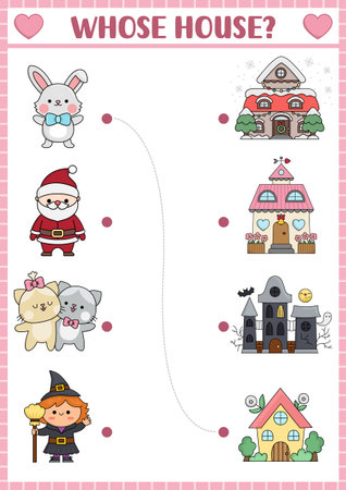 Holiday matching activity for children with kawaii characters and their homes. Fun puzzle with cute Santa Claus, bunny, witch, cats. worksheet or game for kidsのイラスト素材