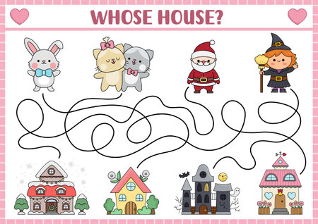 Holiday maze for kids. Preschool printable activity with kawaii Santa Claus, witch, cats, bunny, houses. Labyrinth game or puzzle with Christmas, Easter, Saint Valentine, Halloween charactersのイラスト素材