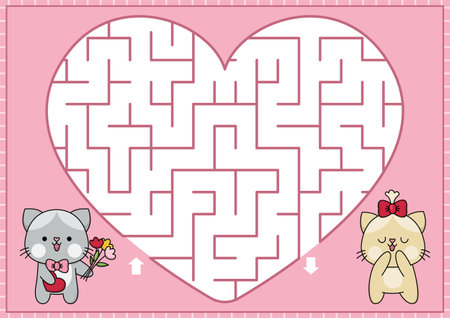 Saint Valentine heart shaped maze for kids on pink background. Love holiday preschool printable activity with kawaii cats. Labyrinth game or puzzle with cute kitten with flowers, giftのイラスト素材
