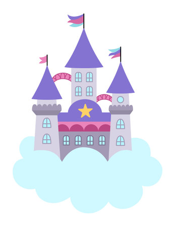 Vector unicorn castle on cloud. Fantasy world palace icon with towers, flags, purple roofs. Fairy tale princess house illustration isolated on white backgroundのイラスト素材