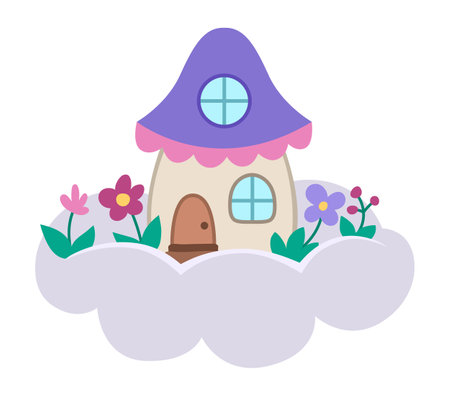 Vector fairy or unicorn house on cloud. Fantasy world home icon with flower garden, purple roof, ladder. Fairy tale princess house illustration isolated on white backgroundのイラスト素材