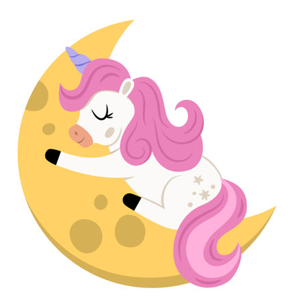 Vector unicorn with purple horn and pink mane. Fantasy animal sleeping on half moon. Fairytale horse character for kids. Cartoon magic creature icon isolated on white backgroundのイラスト素材