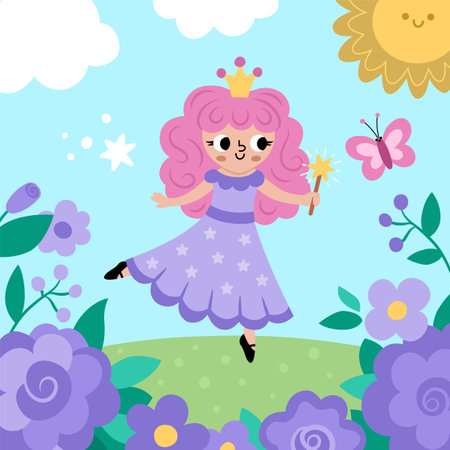 Vector square background with fairy princess on green field with purple flowers under clouds, sun. Magic or fantasy world scene. Fairytale landscape. Cute sunny day illustration for kidsのイラスト素材