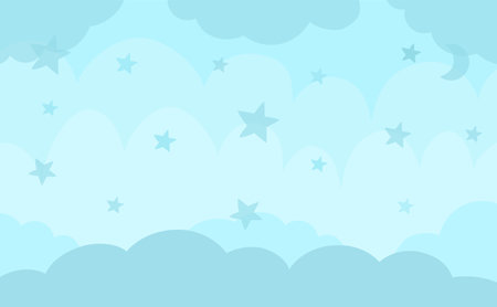 Vector blue abstract background with clouds and stars. Magic or fantasy world scene with place for text. Cute fairytale horizontal nature landscape for card, social media post. Night sky illustration for kidsのイラスト素材
