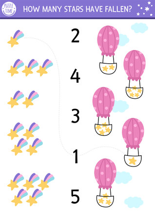 Match the numbers unicorn game with fallen stars and hot air balloon. Magic, fairytale or space math activity for preschool kids. Fantasy world educational counting worksheetのイラスト素材