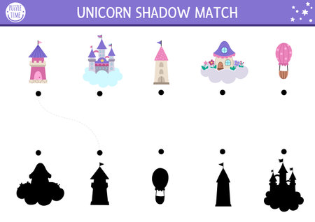Unicorn shadow matching activity with castle, fairy house on cloud, towers. Magic world puzzle with cute buildings. Find correct silhouette printable worksheet, game. Fairytale page for kidsのイラスト素材
