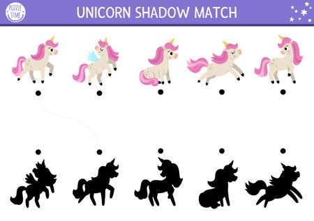 Unicorn shadow matching activity with cute horses with horns and pink mane. Magic world puzzle with cute characters. Find correct silhouette printable worksheet, game. Fairytale page for kidsのイラスト素材