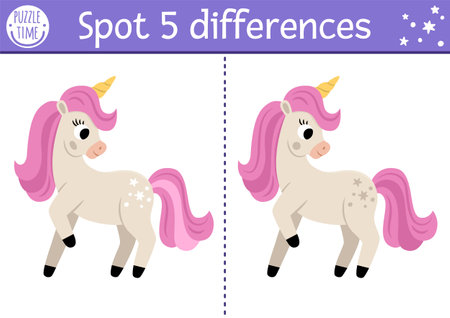 Unicorn find differences game for children. Fairytale educational activity with horse with horn. Cute puzzle for kids with funny fantasy character. Printable worksheet, page for attention skillsのイラスト素材