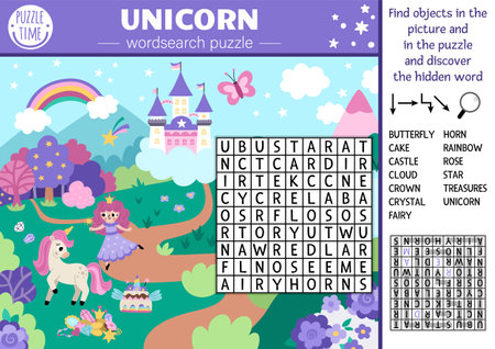 Vector unicorn wordsearch puzzle for kids. Simple word search quiz with fantasy country landscape. Educational activity with castle, rainbow, fairy. Cross word with magic world mapのイラスト素材