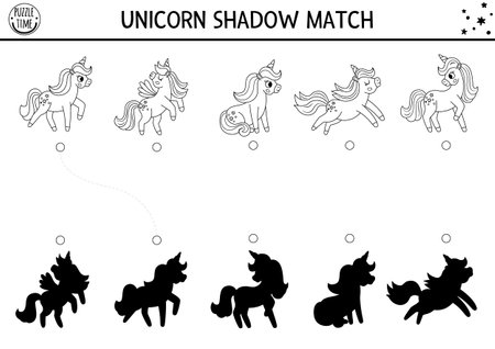 Unicorn black and white shadow matching activity. Magic world puzzle with cute characters. Find correct silhouette printable line worksheet, game. Fairytale coloring page for kidsのイラスト素材