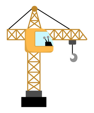 Vector lifting crane with hook. Construction site and road work flat icon. Building transportation clipart. Cute special transport or repair service illustration. Yellow tall tower hoist for kidsのイラスト素材