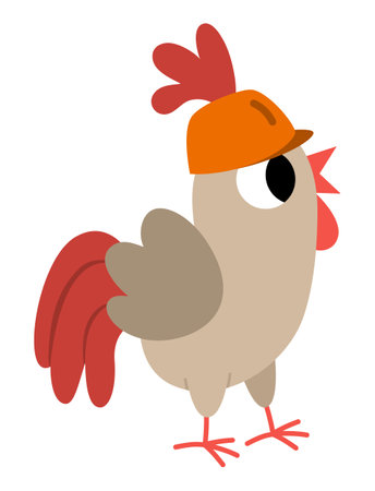 Vector cockerel in hard hat. Construction site worker illustration for kids. Funny builder rooster character. Cute bird repairmen icon isolated on white backgroundのイラスト素材