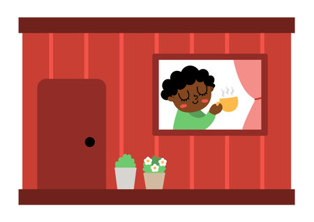 Vector red office container with window. Builder hut with man drinking tea. Construction site or works icon isolated on white background. Industrial house illustration for kidsのイラスト素材