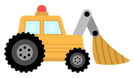 Vector tractor with shovel. Construction site and road work flat icon. Building transportation clipart. Cute special transport or repair service illustration. Yellow excavator with scoop for kidsのイラスト素材