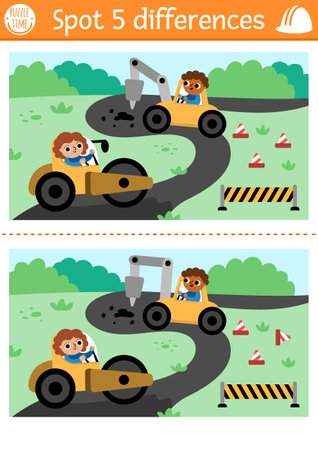 Find differences game for children. Educational activity with workers on vehicles repairing road. Cute puzzle for kids with funny builders. Printable worksheet or page with construction site sceneのイラスト素材