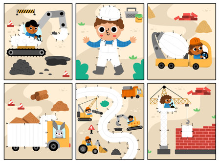 Vector dot-to-dot and color activity set with colored construction site scene. Building works connect the dots games collection for children with industrial vehicle. What is missing printable worksheetのイラスト素材