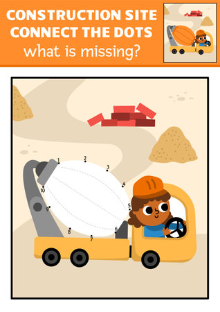 Vector dot-to-dot and color activity with concrete mixer, colored construction site scene. Building works connect the dots game for children with industrial vehicle. What is missing printable worksheetのイラスト素材